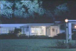 A white one story house with a front yard and an old style street lamp.