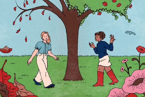 The author and one of the friends standing in front of a tree. One side has its leaves falling off and wafting toward the reader; the other side is lush and green with flowers blooming. More flowers bloom on the bottom of the panel.