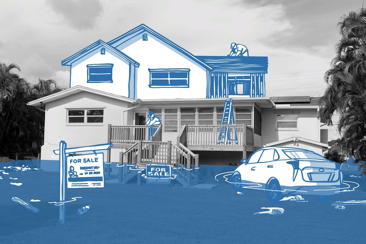 A photo of a house already raised due to flooding. Hand-drawn blue lines illustrate another level being added, a 'for sale' sign in the yard, and a foot of water surrounding the house.