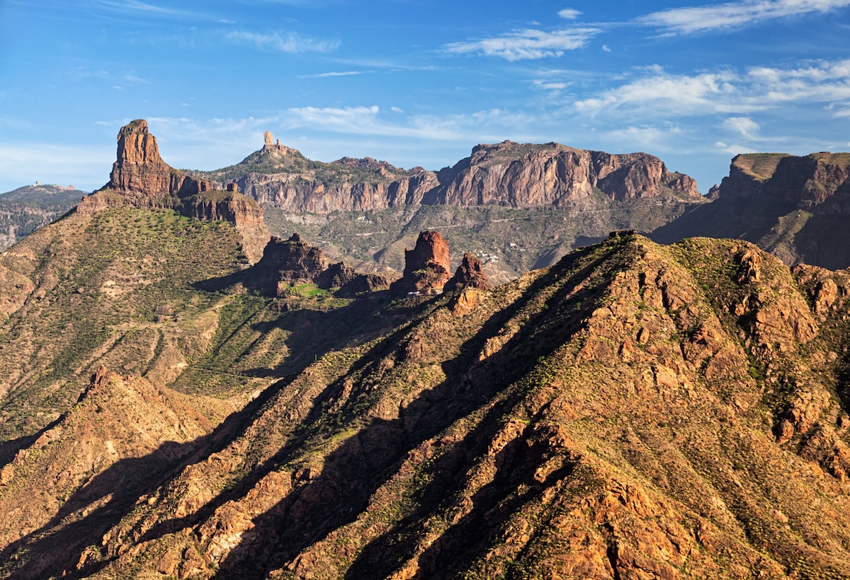 Roque-Bentayga-and-Roque-Nublo-volcanic-rocks-in-caldera-of-Tejeda-at-sunset-Gran-Canaria-canary-islands-Spain