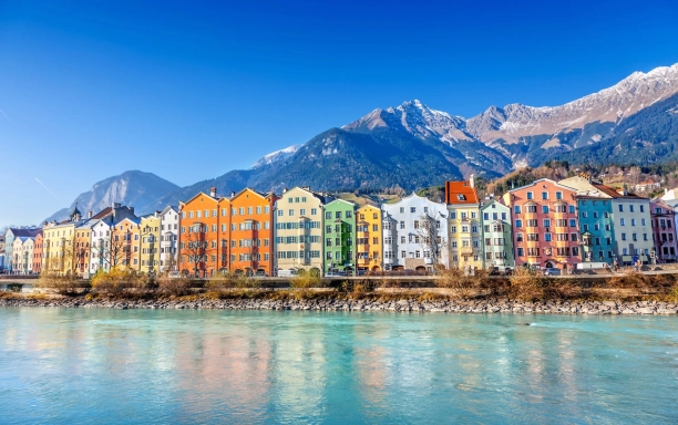 Innsbruck waterfront with mountains behind