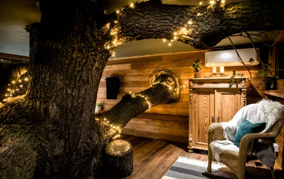 Treehouse living with tree with fairy lights growing through it - The Old Oak Treehouse, Coleman’s Farm, Essex, England